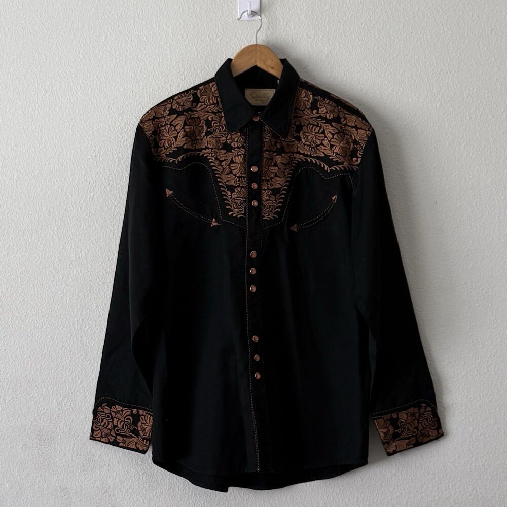 Vintage Scully Black Copper Embroidered Pearl Snap Western Shirt Size M